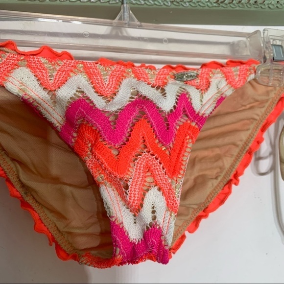 Luli Fama crochet knit Chevron neon metallic string tie rouged bikini bottoms sm - Picture 4 of 6
